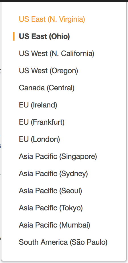 A list of available AWS regions.