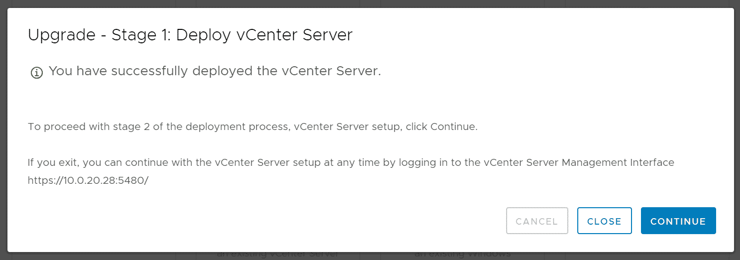 vcsa upgrade stage 1 complete stage 2 start